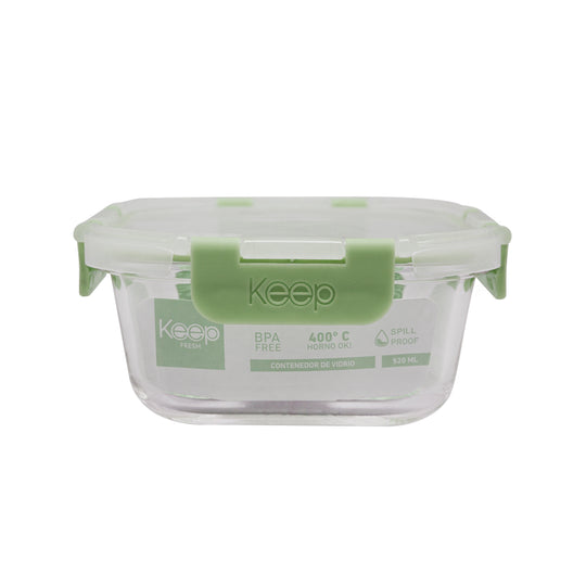 Contenedor Cuadrado Keep Hermético de Vidrio 520ml - Verde