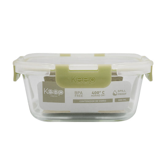 Contenedor Cuadrado Keep Hermético de Vidrio 800ml - Verde